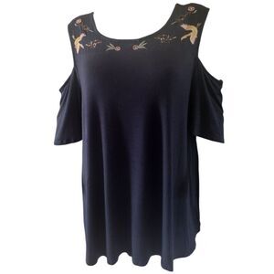 Style & Co Blouse Woman 2X Navy Bohemian Cold Shoulder Embroidered Relaxed‎ Fit